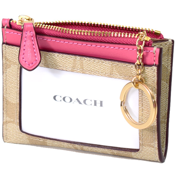 画像: 【COACH】コーチ コーティングキャンバス スムースレザー シグネチャー キーリング付き ミニ スキニー IDケース コインケース ライトカーキ×コンフェティピンク（日本未発売）