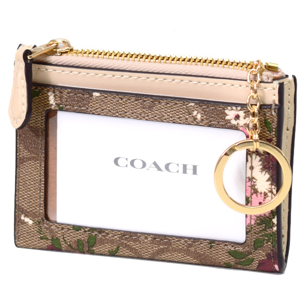 画像: 【COACH】コーチ コーティングキャンバス スムースレザー シグネチャー エバーグリーン 花柄 フラワー フローラル プリント キーリング付き ミニ スキニー IDケース コインケース カーキマルチ（日本未発売）