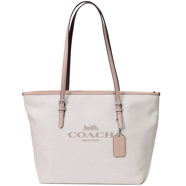 画像1: 【COACH】コーチ キャンバス スムースレザー シティ ロゴ ジップ トート バッグ ナチュラル 【訳あり】〔日本未発売〕 (1)