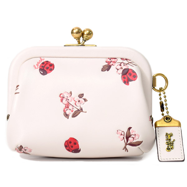 画像1: 【COACH】コーチ カーフレザー レディーバグ てんとう虫 フローラル フラワー 花柄  プリント キスロック がま口 カードケース カードポーチ 定期入れ 名刺入れ ポーチ コインケース 財布 チャーク×パウダーピンクマルチ (1)