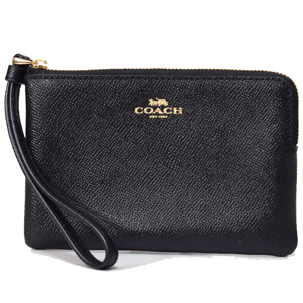 画像1: 【COACH】コーチ レザー コーナー ジップ リストレット ポーチ ブラック〔日本未発売〕 (1)