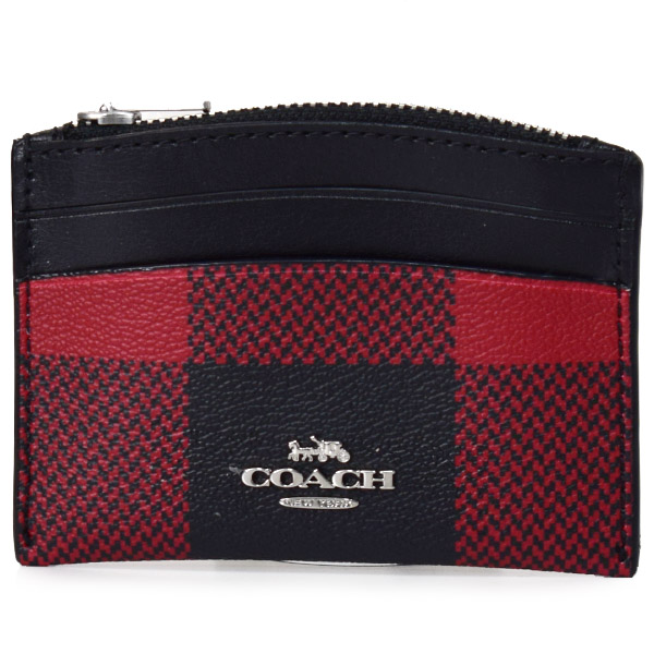 画像1: 【COACH】コーチ コーティングキャンバス スムースレザー バッファロー プラッド チェック柄 プリント シェイプド カードケース 名刺入れ 定期入れ パスケース コインケース ブラック×レッドマルチ（日本未発売） (1)