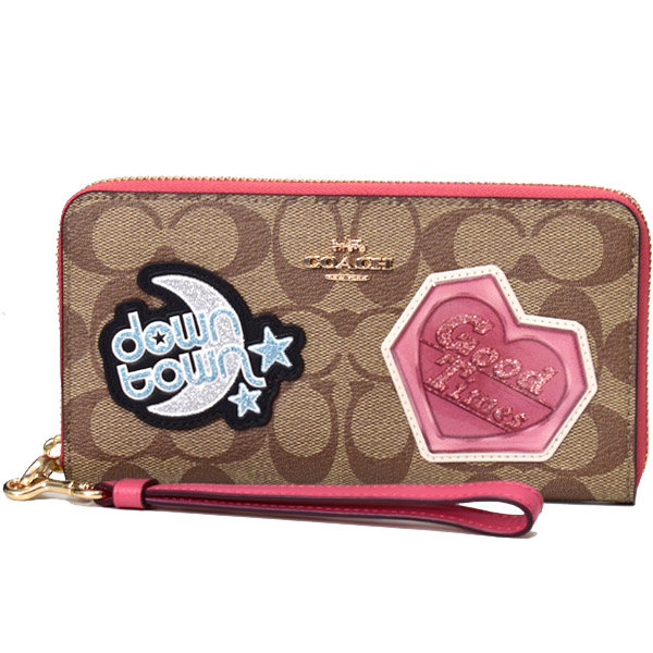 画像1: 【COACH】コーチ コーティングキャンバス スムースレザー シグネチャー ディスコ パッチ アップリケ グリッター ラメ リストレット ロング ジップ  アラウンド 長財布 カーキマルチ（日本未発売） (1)