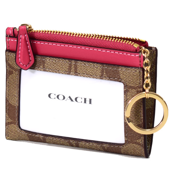 画像: 【COACH】コーチ コーティングキャンバス スムースレザー シグネチャー キーリング付き ミニ スキニー IDケース コインケース カーキ×ストロベリーヘイズ（日本未発売）