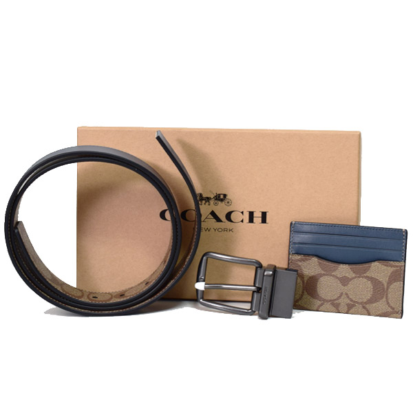 画像1: 【COACH】コーチ メンズ レザー シグネチャー ギフト ベルト バックル カードケース 専用BOX付 3点セット カーキ×デニム（日本未発売） (1)