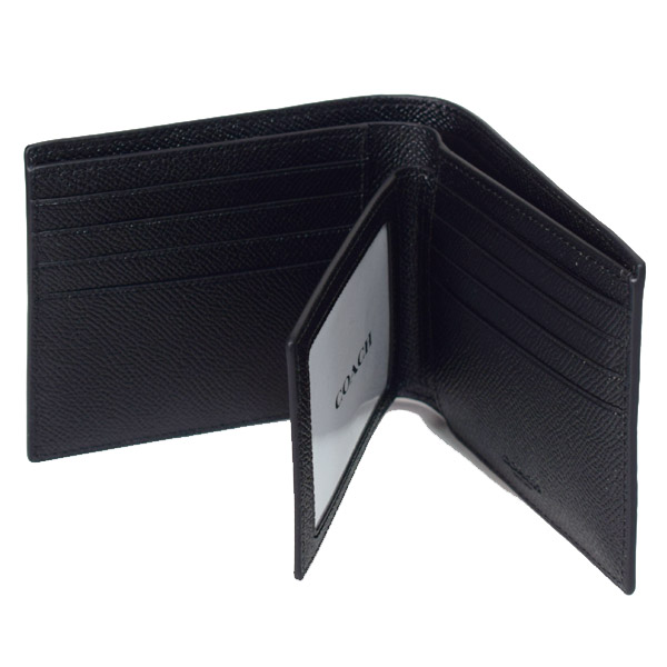 画像: 【COACH】コーチ メンズ レザー コンパクト カードケース付き ID 定期入れ 二つ折り財布 ブラック（日本未発売）