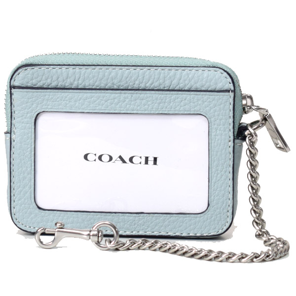 画像: 【COACH】コーチ ぺブルレザー チェーン ロゴ ジップ カードケース カードポーチ 定期入れ 名刺入れ コインケース ライトティール（日本未発売）