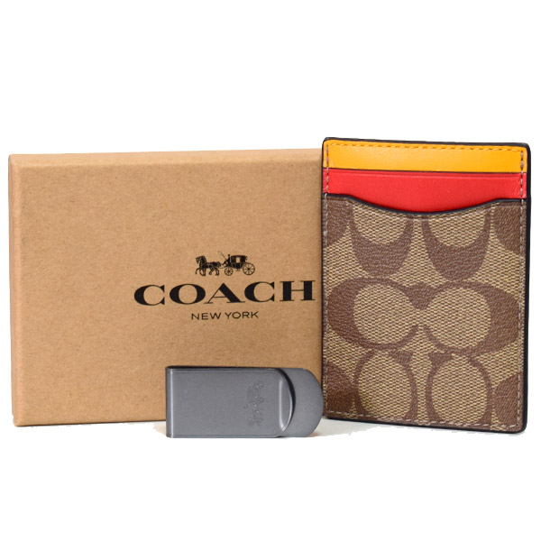 画像1: 【COACH】コーチ メンズ コーティングキャンバス レザー シグネチャー マネークリップ付き カードケース 2点セット BOX付き 名刺入れ カーキマルチ（日本未発売） (1)