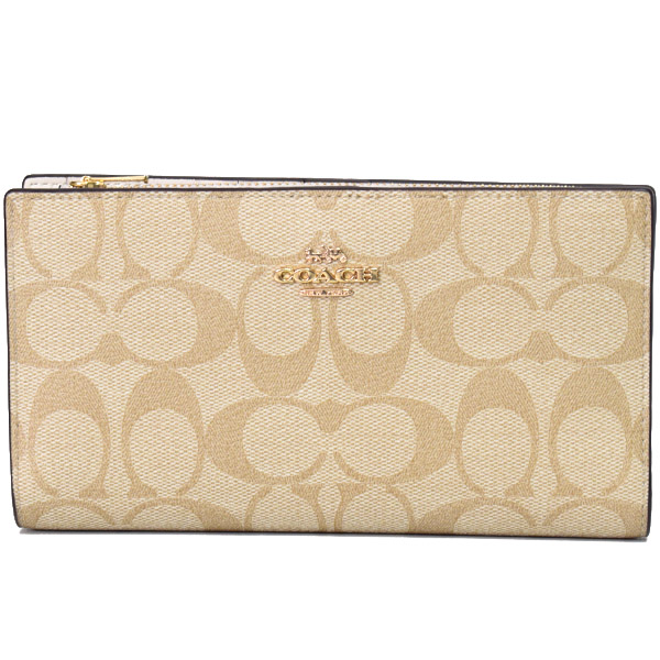画像1: 【COACH】コーチ コーティングキャンバス レザー シグネチャー スリム ウォレット 二つ折り 長財布 ライトカーキ×チャーク〔日本未発売〕 (1)
