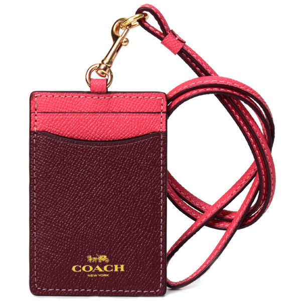 画像1: 【COACH】コーチ クロスグレインレザー ID ランヤード カラーブロック 首かけ カードケース ウォーターメロン×ワイン（日本未発売） (1)