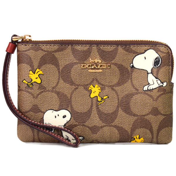 画像1: 【COACH】コーチ シグネチャー ピーナッツ コラボ スヌーピー ウッドストック プリント コーナー ジップ リストレット ポーチ カーキマルチA〔日本未発売〕 (1)