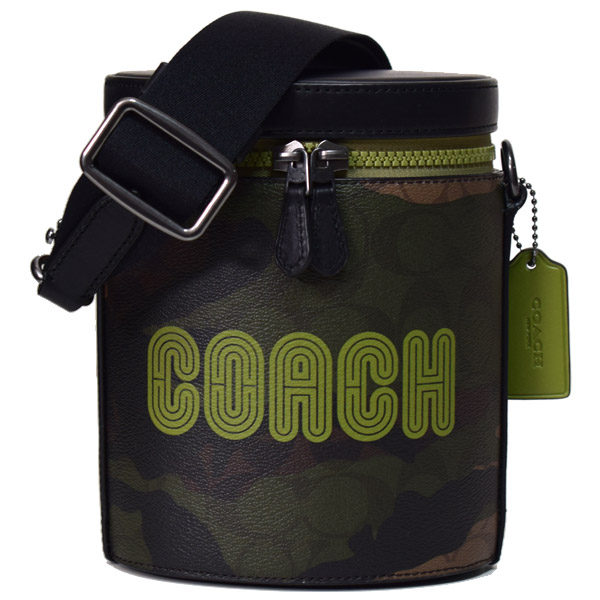 画像1: 【COACH】コーチ メンズ コーティングキャンバス レザー シグネチャー カモフラ 迷彩 ミリタリー バレル ショルダーバッグ クロスボディ カーキ×オリーブグリーンマルチ〔日本未発売〕 (1)