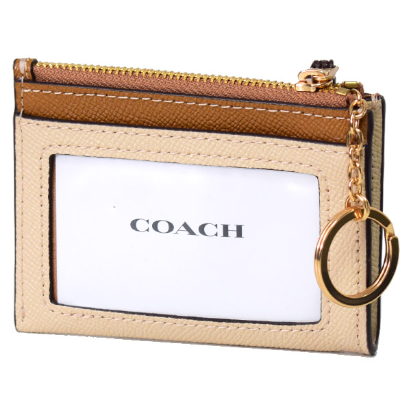 画像: 【COACH】コーチ クロスグレインレザー ロゴ キーリング付き ミニ スキニー IDケース コインケース アイボリー×ライトサドルマルチ（日本未発売）