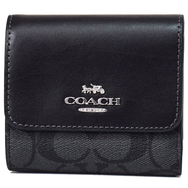 画像1: 【COACH】コーチ コーティングキャンバス レザー シグネチャー スモール トリフォールド コンパクト 三つ折り財布 グラファイト×ブラック（日本未発売） (1)