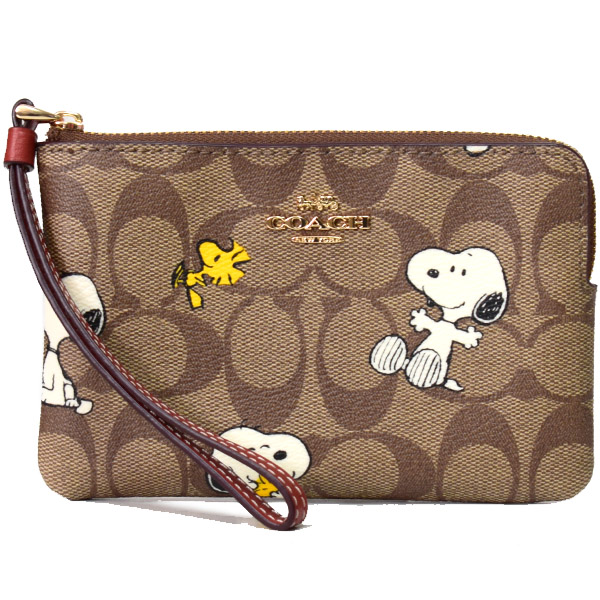 画像1: 【COACH】コーチ シグネチャー ピーナッツ コラボ スヌーピー ウッドストック プリント コーナー ジップ リストレット ポーチ カーキマルチC〔日本未発売〕 (1)