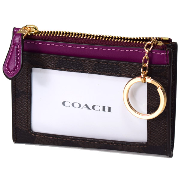 画像: 【COACH】コーチ コーティングキャンバス スムースレザー シグネチャー キーリング付き ミニ スキニー IDケース コインケース ブラウン×ダークマジェンタ（日本未発売）