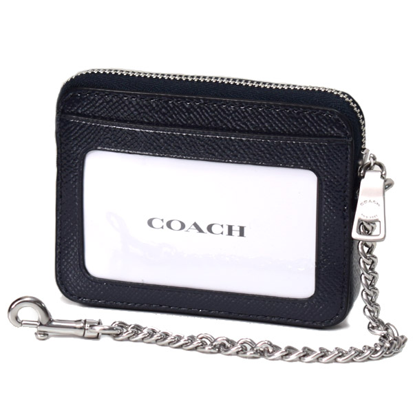 画像: 【COACH】コーチ パテントレザー チェーン ロゴ ジップ カードケース カードポーチ 定期入れ 名刺入れ コインケース ミッドナイトネイビー（日本未発売）