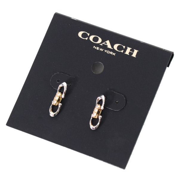 画像1: 【COACH】コーチ プレーテッドブラス リンクド シグネチャー ラインストーン スタッド ピアス イアリング シルバー×ゴールド〔日本未発売〕 (1)