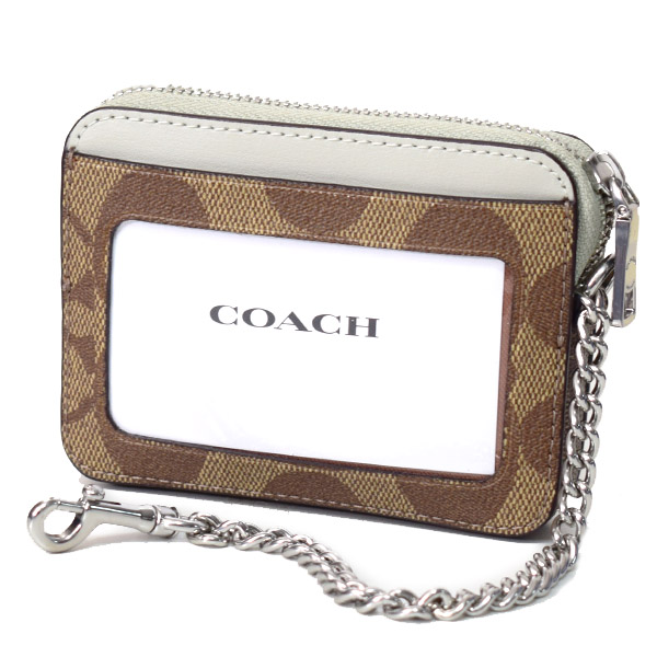 画像: 【COACH】コーチ コーティングキャンバス スムースレザー シグネチャー チェーン ロゴ ジップ カードケース カードポーチ 定期入れ 名刺入れ コインケース カーキ×ライトセージ（日本未発売）