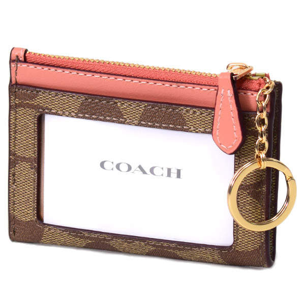 画像: 【COACH】コーチ コーティングキャンバス スムースレザー シグネチャー キーリング付き ミニ スキニー IDケース コインケース カードケース カーキ×ライトコーラル（日本未発売）