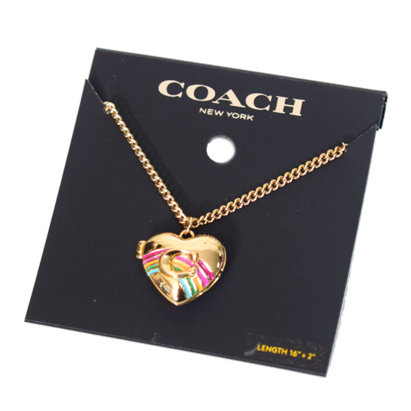 画像1: 【COACH】コーチ プレーテッドブラス エナメル レインボー ハート ロゴ ロケット ペンダント ネックレス ゴールドマルチ〔日本未発売〕 (1)