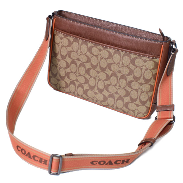 画像: 【COACH】コーチ メンズ コーティングキャンバス レザー シグネチャー ディストリクト クロスボディ 斜め掛け ショルダーバッグ カーキ×サドルマルチ〔日本未発売〕