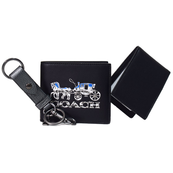 画像1: 【COACH】コーチ メンズ レザー ホースアンドキャリッジ ギフト BOX 二つ折り財布 定期入れ キーホルダー 3点セット ブラック×ガンメタル（日本未発売） (1)