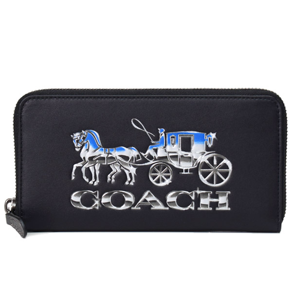 画像1: 【COACH】コーチ レザー ホースアンドキャリッジ アコーディオン ロゴ ラウンド ウォレット 長財布 ブラック×ガンメタル（日本未発売） (1)