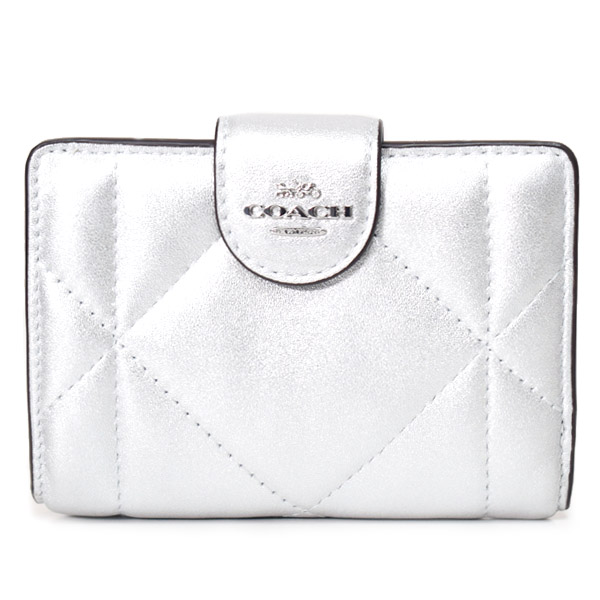画像1: 【COACH】コーチ レザー パフィー キルティング ロゴ ミディアム コーナー ジップ ウォレット 二つ折り財布 メタリックシルバー（日本未発売） (1)