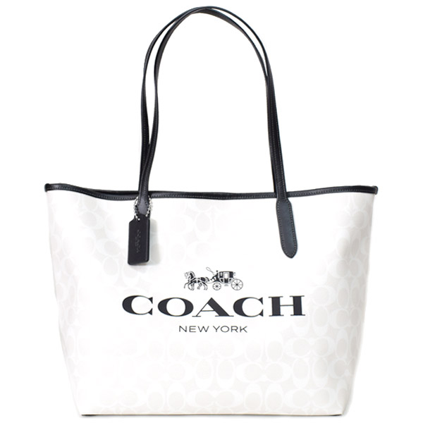 画像1: 【COACH】コーチ コーティングキャンバス スムースレザー シグネチャー ロゴ シティ トートバッグ ホワイトデニム チャークマルチ〔日本未発売〕 (1)