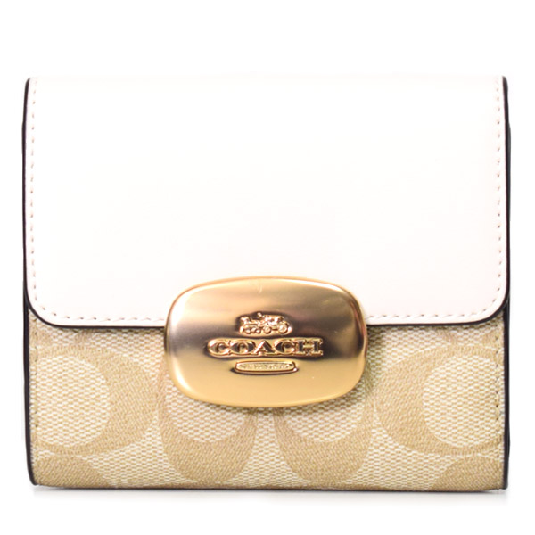 画像1: 【COACH】コーチ コーティングキャンバス レザー シグネチャー スモール エライザ ロゴ ウォレット 二つ折り財布 ライトカーキ×チャーク【訳あり】〔日本未発売〕 (1)