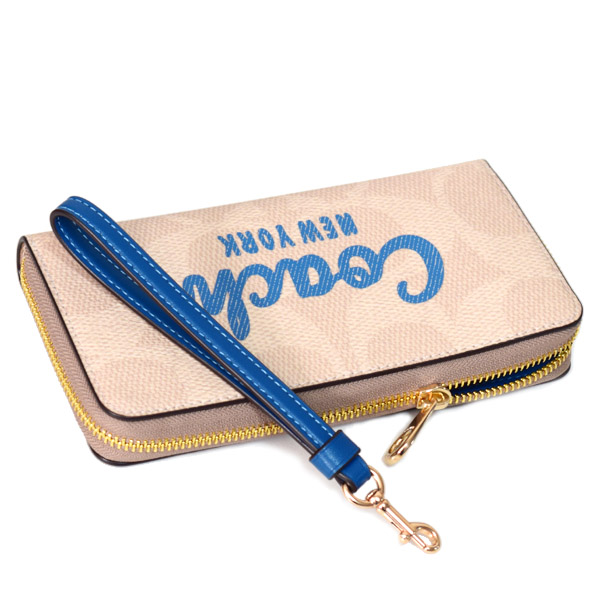 画像: 【COACH】コーチ 長財布 コーティングキャンバス スムースレザー シグネチャー ロゴ リストレット ジップ アラウンド 長財布 サンド×パシフィックブライトミネラル（日本未発売）
