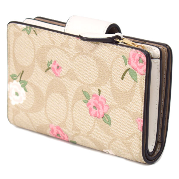 画像: 【COACH】コーチ 財布 花柄 コーティングキャンバス レザー シグネチャー フローラル ミディアム コーナー ジップ ウォレット 二つ折り財布 ライトカーキチャークマルチ（日本未発売）