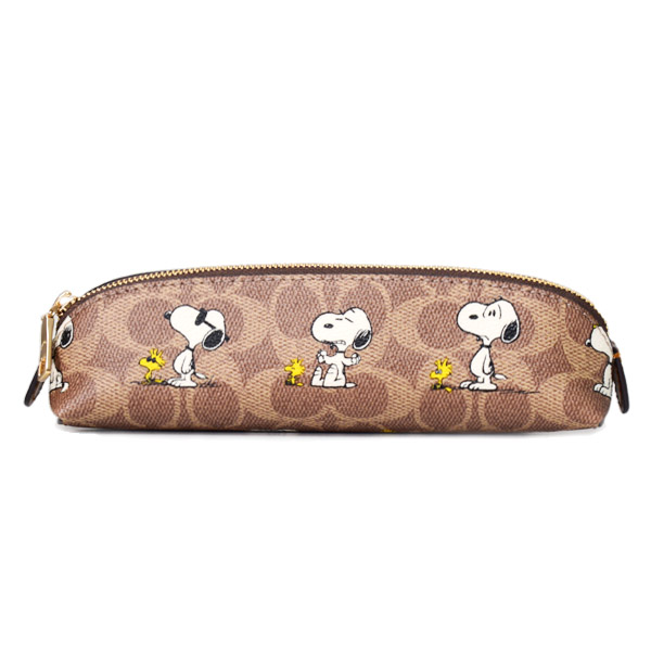 画像1: 【COACH】コーチ スヌーピー ペンケース ピーナッツ コラボ ウッドストック レザー シグネチャー ペンシルケース タン×ブラウンマルチ（日本未発売） (1)