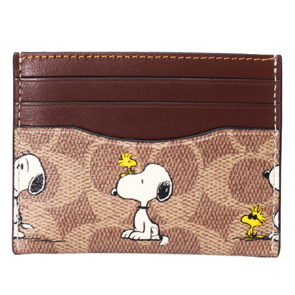 画像1: 【COACH】コーチ スヌーピー カードケース ピーナッツ コラボ コーティングキャンバス レザー シグネチャー プリント スリム ID パスケース 定期入れ 名刺入れ タンマルチ（日本未発売） (1)
