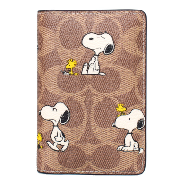 画像1: 【COACH】コーチ スヌーピー カードケース ピーナッツ コラボ コーティングキャンバス レザー シグネチャー カードホルダー 二つ折り ID パスケース 定期入れ タンマルチ（日本未発売） (1)