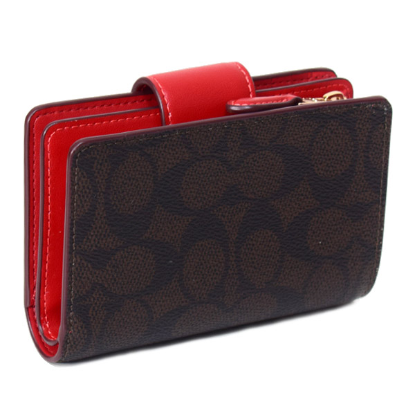 画像: 【COACH】コーチ 財布 コーティングキャンバス レザー シグネチャー ミディアム コーナー ジップ ウォレット 二つ折り財布 ウォルナット×ボールドレッド（日本未発売）