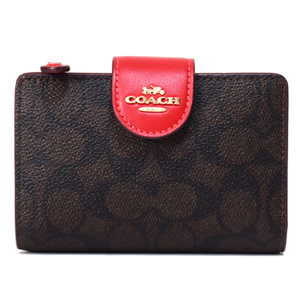 画像1: 【COACH】コーチ 財布 コーティングキャンバス レザー シグネチャー ミディアム コーナー ジップ ウォレット 二つ折り財布 ウォルナット×ボールドレッド（日本未発売） (1)