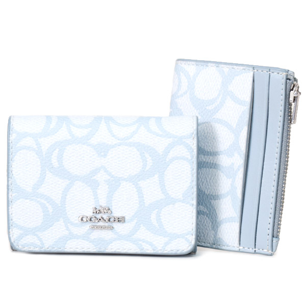 画像1: 【COACH】コーチ 財布 コーティングキャンバス レザー シグネチャー カードケース付き マイクロ ウォレット コンパクト 三つ折り財布 アイスブルー（日本未発売） (1)