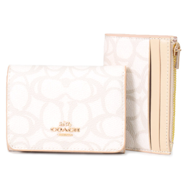 画像1: 【COACH】コーチ 財布 コーティングキャンバス レザー シグネチャー カードケース付き マイクロ ウォレット コンパクト 三つ折り財布 アイボリー（日本未発売） (1)
