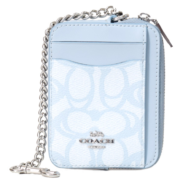 画像1: 【COACH】コーチ コインケース コーティングキャンバス レザー シグネチャー チェーン ロゴ ジップ カードケース カードポーチ 定期入れ 名刺入れ 小銭入れ アイスブルー（日本未発売） (1)