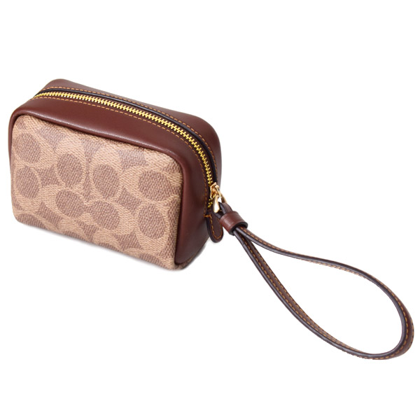 画像: 【COACH】コーチ ポーチ コーティングキャンバス レザー シグネチャー スクエア ポーチ ミニ ジップ リストレット 小物入れ ポーチ タン×ブラウン〔日本未発売〕