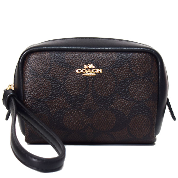 画像1: 【COACH】コーチ ポーチ コーティングキャンバス レザー シグネチャー スクエア ポーチ ミニ ジップ リストレット 小物入れ ポーチ ウォルナット×ブラック〔日本未発売〕 (1)
