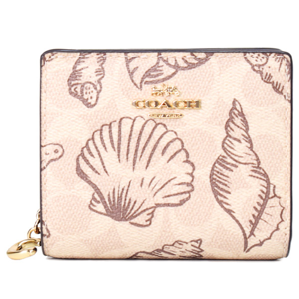 夏らしい貝殻柄☆【COACH】スナップ 折りたたみ財布 COACH】コーチ 財布 コーティングキャンバス レザー