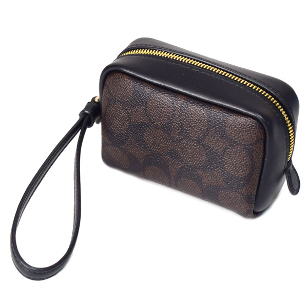 画像: 【COACH】コーチ ポーチ コーティングキャンバス レザー シグネチャー スクエア ポーチ ミニ ジップ リストレット 小物入れ ポーチ ウォルナット×ブラック〔日本未発売〕