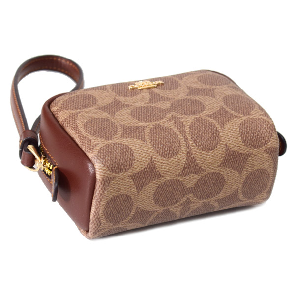画像: 【COACH】コーチ ポーチ コーティングキャンバス レザー シグネチャー スクエア ポーチ ミニ ジップ リストレット 小物入れ ポーチ タン×ブラウン〔日本未発売〕