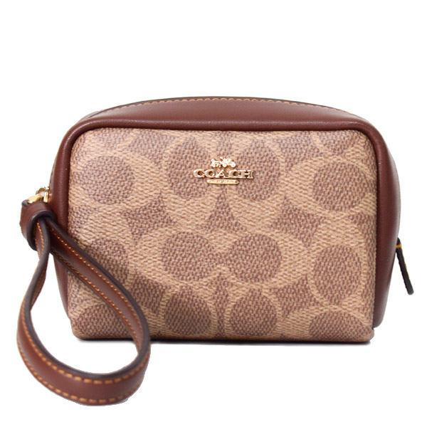 画像1: 【COACH】コーチ ポーチ コーティングキャンバス レザー シグネチャー スクエア ポーチ ミニ ジップ リストレット 小物入れ ポーチ タン×ブラウン〔日本未発売〕 (1)