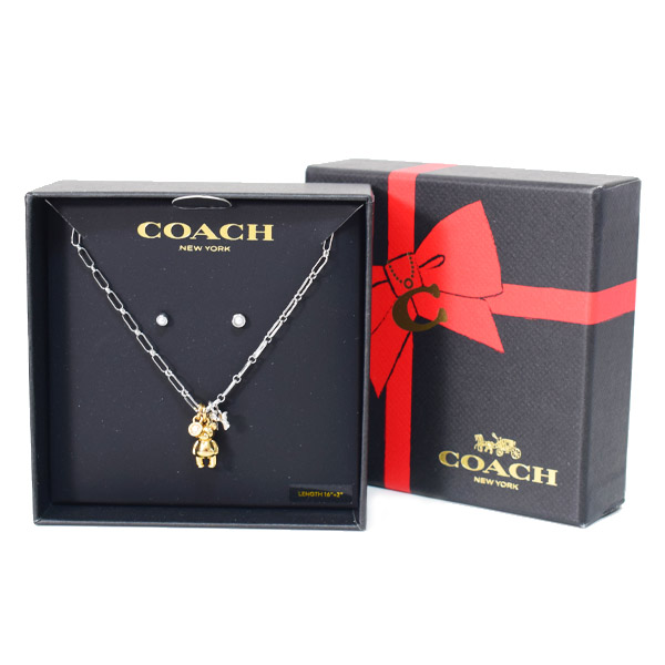 画像1: 【COACH】コーチ ネックレス ピアス プレーテッドブラス パール ストーン テディベア リボン 専用BOX付 2点セット ゴールド×シルバー【訳あり】〔日本未発売〕 (1)