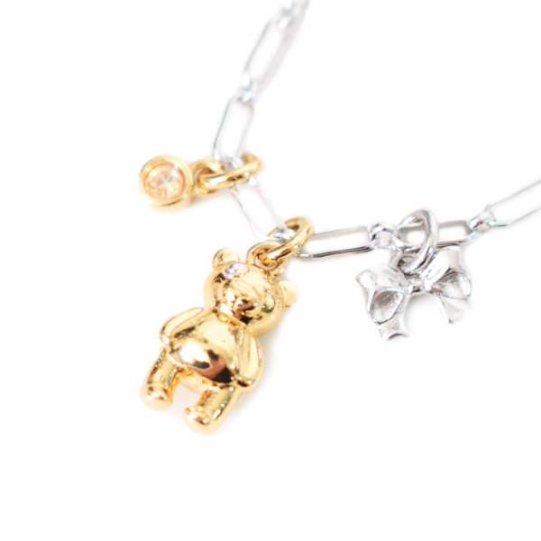 画像: 【COACH】コーチ ネックレス ピアス プレーテッドブラス パール ストーン テディベア リボン 専用BOX付 2点セット ゴールド×シルバー【訳あり】〔日本未発売〕