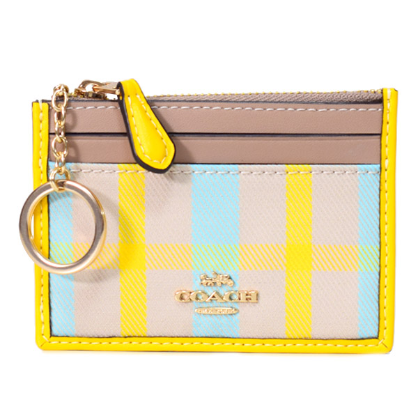 画像1: 【COACH】コーチ カードケース キャンバス レザー プレイド チェック キーリング付き ミニ スキニー IDケース コインケース ブライトメイズマルチ（日本未発売） (1)